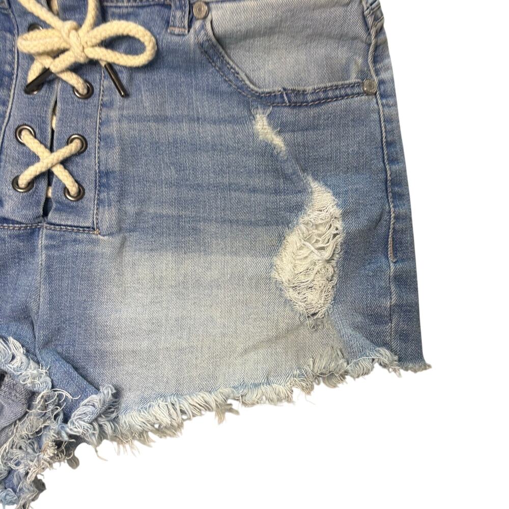 Refuge Lace Up Tie Front Cut Off Distressed Blue Jean Short Shorts sz 8 - Picture 10 of 13
